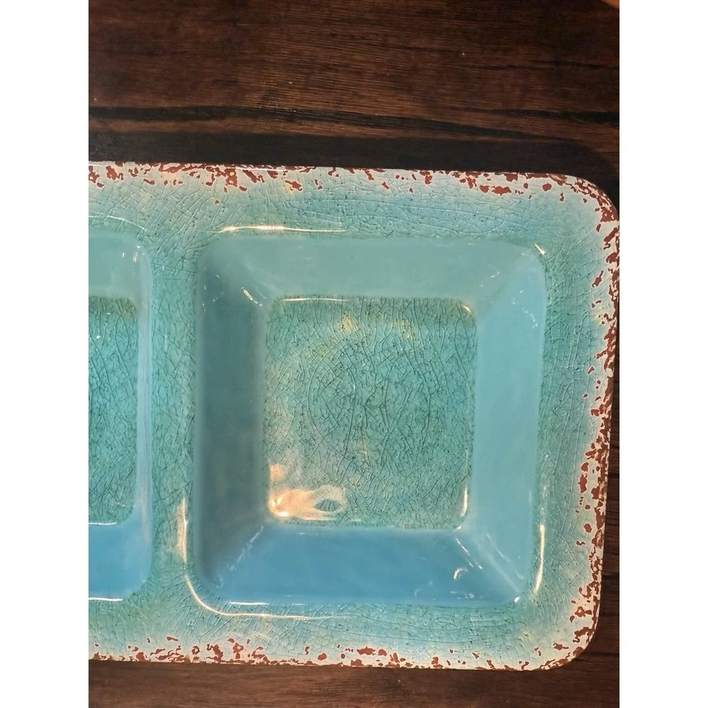 PIER‎ 1 Carmelo Crackle Aqua Blue Teal Melamine 3 Part Serving Tray Rustic 19.5